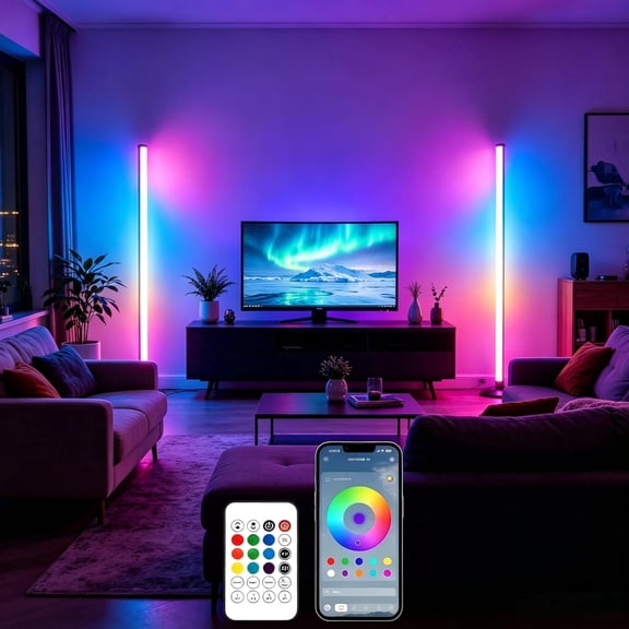 2packs ICRGB Corner Floor Lamp, Smart LED Floor Lamps with App & Remote Control, Music Sync, 16 Million Colors, Auto Timer, Modern Ambient Standing Light for Gaming Room, Living Room, Bedroom