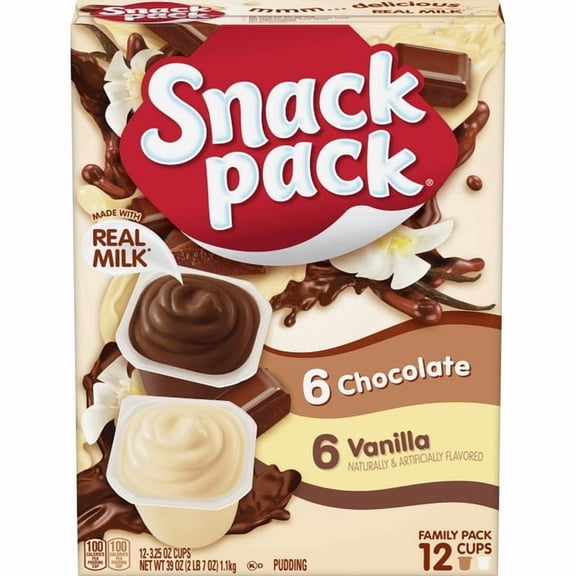 (2packs)-Snack Pack Chocolate Pudding and Vanilla Pudding, 3.25 oz Pudding Cups, 12 Count Family Variety Pack-Total 24 Counts