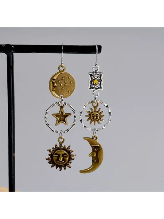 2pair Unique Asymmetric Ancient Greek Mythology Inspired Face Sun Moon Dangle Earrings - Creative Design, Party Jewelry for Women with Personality