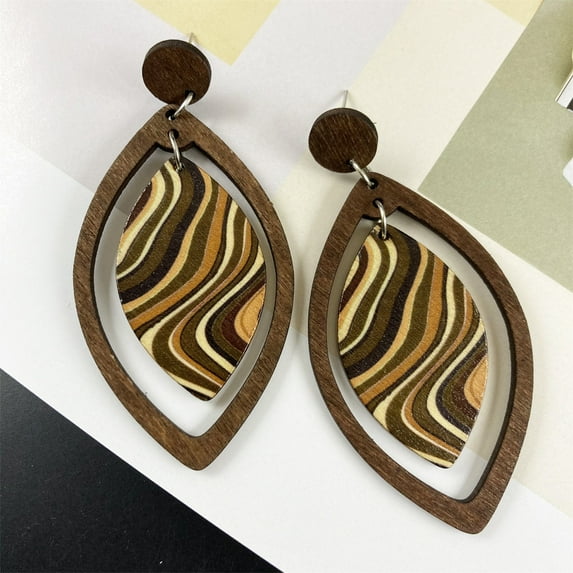 2pair Vibrant Wooden Dangle Earrings - Retro Simple Style, Hollow Leaf Shape, Colorful Lines Pattern, Lightweight, Hypoallergenic, Fall and Winter Season Essential Jewelry for Women