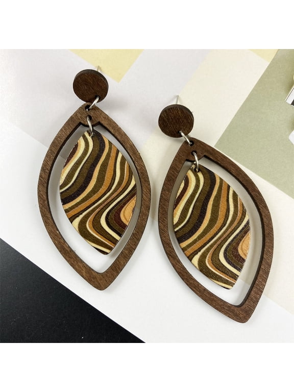 2pair Vibrant Wooden Dangle Earrings - Retro Simple Style, Hollow Leaf Shape, Colorful Lines Pattern, Lightweight, Hypoallergenic, Fall and Winter Season Essential Jewelry for Women