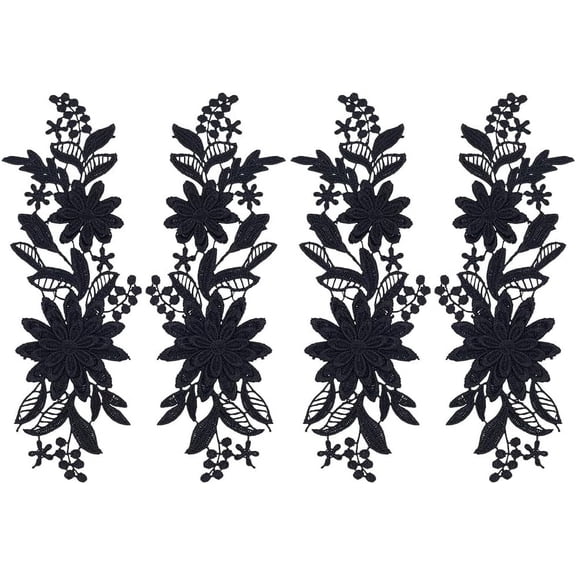 2pairs 2 Pair Flower Lace Applique Black Embroidery Applique Floral Craft Lace Trim Embellishments Sew on Patches Sewing Fabric Trim for Wedding Dresses Clothes Decoration 9.5x2.9 Inch