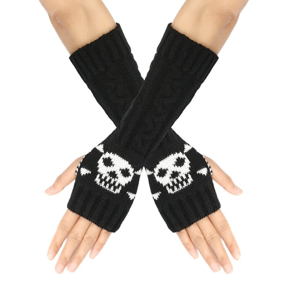 2pairs Acrylic Fiber Knitted Mittens Fingerless Gloves Pattern Winter Warm Stretch Long Sleeve for Women Black 290x80mm