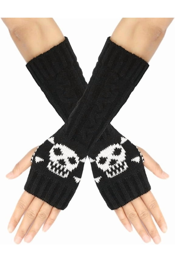 2pairs Acrylic Fiber Knitted Mittens Fingerless Gloves Skull Pattern Winter Warm Stretch Long Sleeve for Women Black 290x80mm