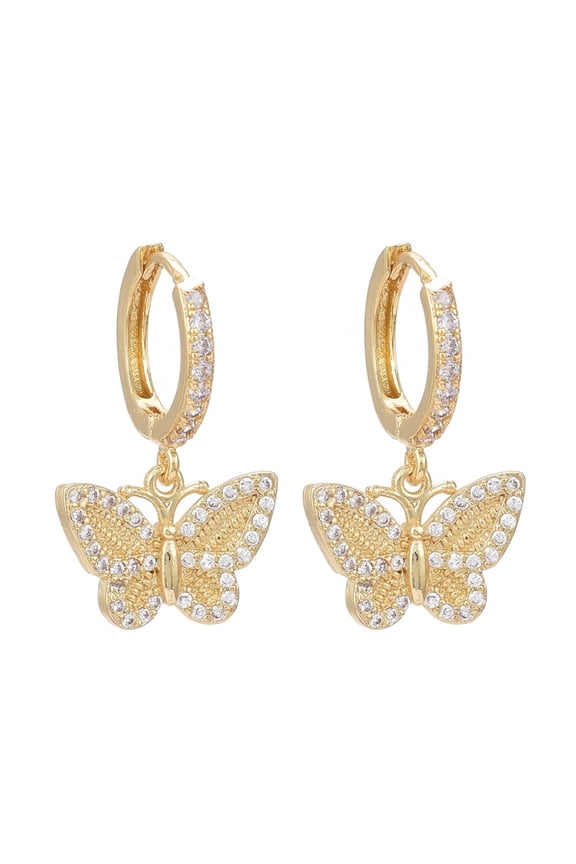 2pairs Brass Micro Pave Clear Cubic Zirconia Huggie Hoop Earrings Long-Lasting Plated Butterfly Real 18K golden Plated 25mm Pin: 1mm