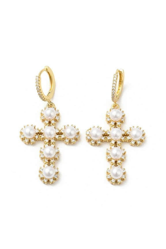 2pairs Cubic Zirconia Cross Dangle Hoop Earrings with ABS Plastic Imitation Pearl Brass Jewelry for Women golden 47mm Pin: 1.2x0.8mm