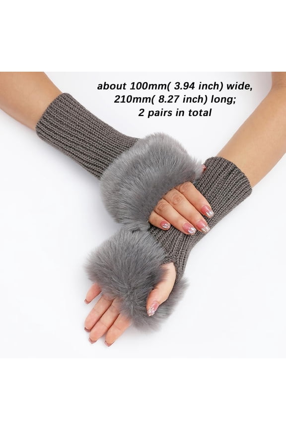 2pairs Plush Acrylic Fibers Knitting Fingerless Gloves Arm Warmer Winter Warm Gloves with Thumb Hole Gray 210x100mm
