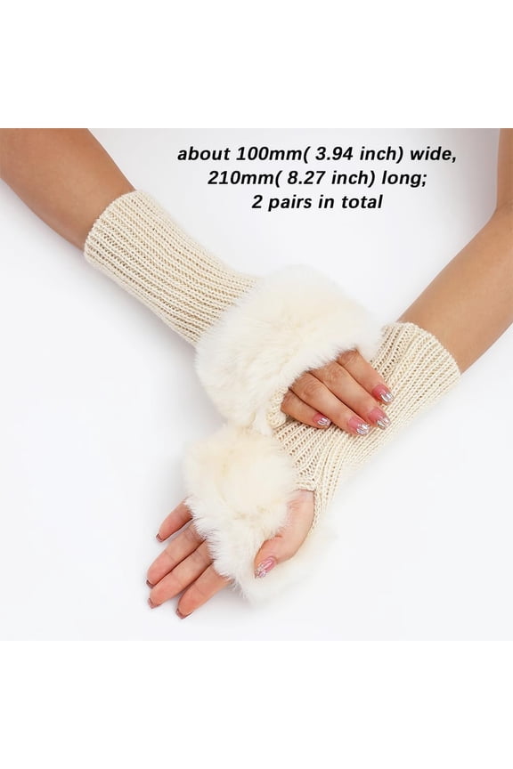 2pairs Plush Acrylic Fibers Knitting Fingerless Gloves Arm Warmer Winter Warm Gloves with Thumb Hole Old Lace 210x100mm