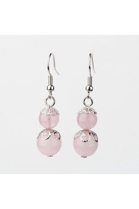 2pairs Rose Quartz Dangle Earrings with Brass Bead Caps and Earring Hooks Round 41mm Pin: 0.7mm