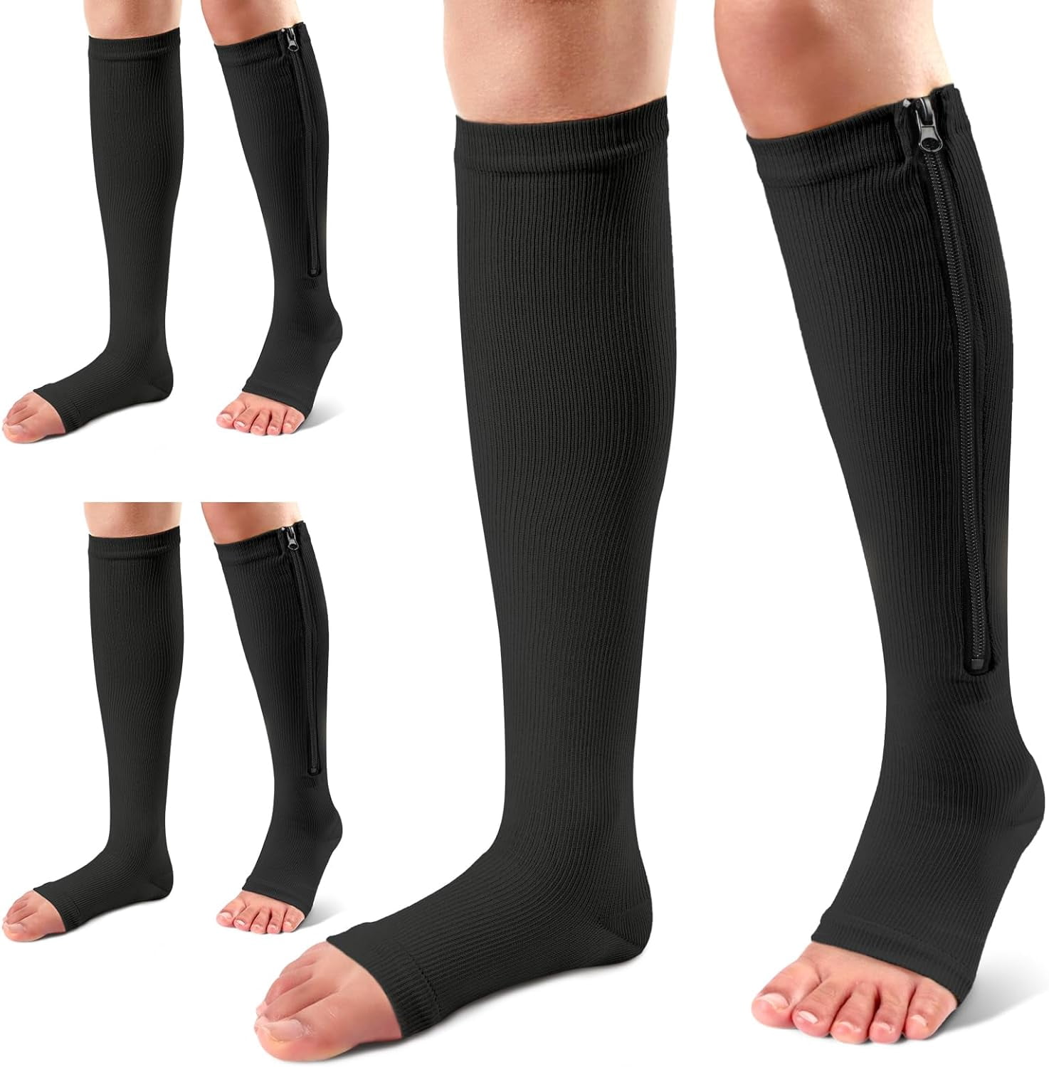 2pairs Zippered Compression Socks Medical Grade Firm, Easy-On, (15-20 mmHg), Knee High, Open Toe, Best Stockings for Men and Women - Varicose Veins, Post Surgery, Edema, Improve Circulation