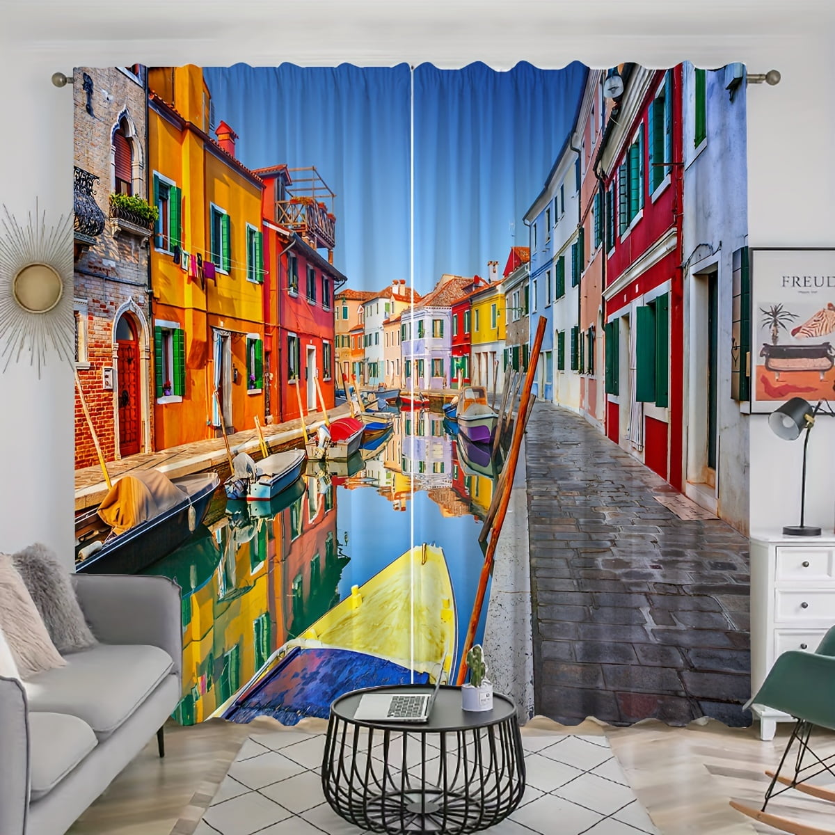 2panels Retro Castle St Bridge City Landscape Printed Curtain Rod