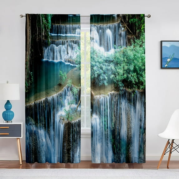 2panels Waterfall with Nature Landscape Theme Forest River Thin Curtains for Living Room Bedroom r Curtain Window Drape