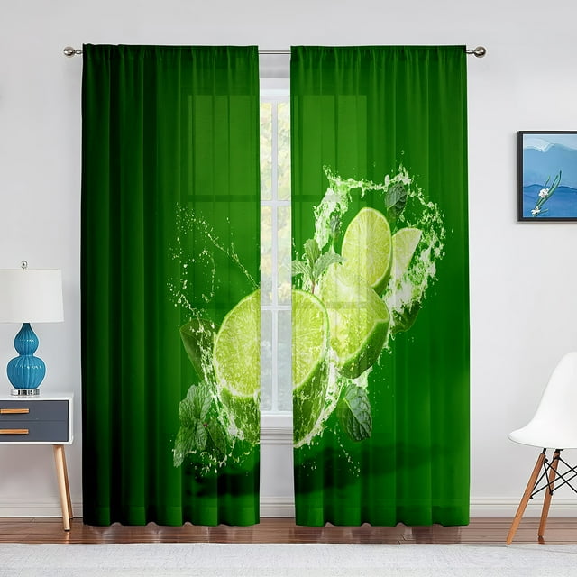 2panels Yellow Lemon Fruits Green Leaves Paint Curtains for Bedroom