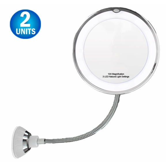 2pc 14 LED Suction Cup Makeup Mirror - 6.5" 10X Mirror, Flexible 360 Degree Swiveling Gooseneck Cordless Bathroom Vanity Mirror - LED Natural Diffused Bright Light - Portable & Cordless