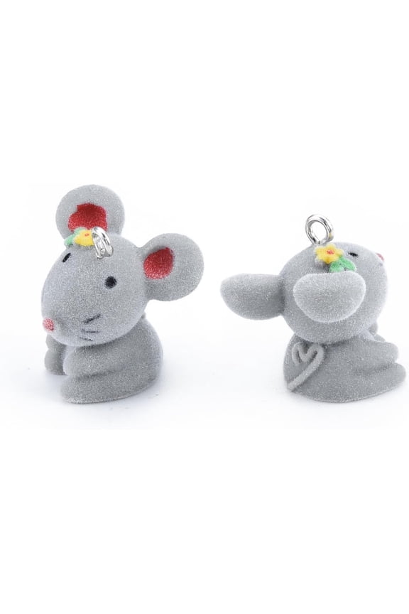 2pc 2 Pcs Flocky Mouse Charms Opaque Resin Pendants with Platinum Tone Iron Loops Charms for Necklace Bracelet Earring and Crafting 25.5-28x24.5x25-26mm Hole: 2.5mm Silver