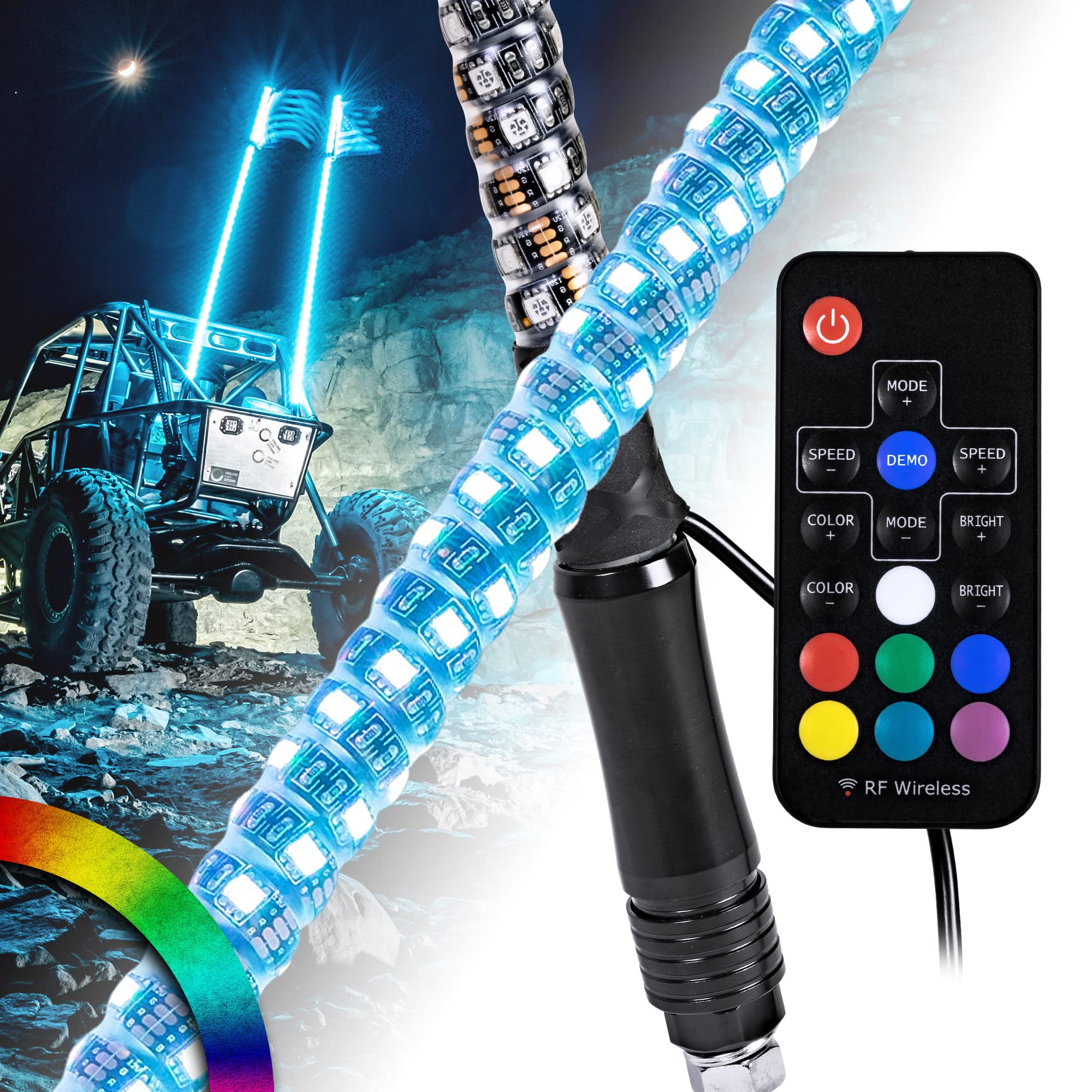 2pc 3ft Spiral LED Whip Lights w/Flag 21 Modes 20 Colors Wireless