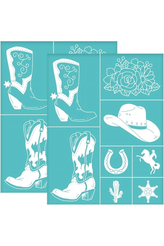 2pc 2pcs 8.6x11 Inch Self-Adhesive Silk Screen Printing Stencils Western Cowboy Boots Silkscreen Stencils Reusable Hat Horse Mesh Transfer Stencil for Painting on Wood T-shirts Bags