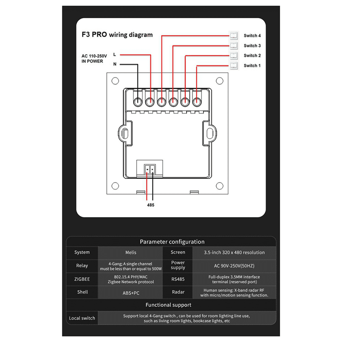 2pc 3.5Inch Smart Wall Switch Touch Screen 4 Groups Switch 8-Way Scene Radar Sensor Dimming Switch Curtain Tuya Zigbee A,2 x Smart Wall Switch
