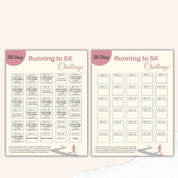 2pc 30 Day 5K Challenge Poster Running Tracker Poster Digital Exercise Plan Poster