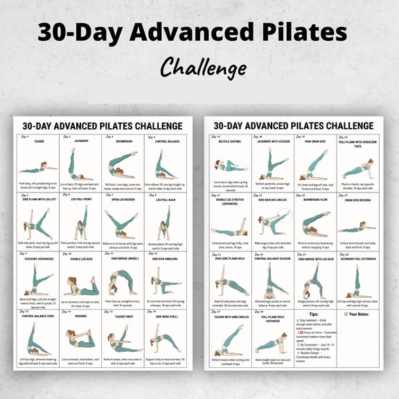 2pc 30 Day Advanced Pilates Challenge Poster Daily Pilates Exercise Plan Poster Home Exercise Mural poster