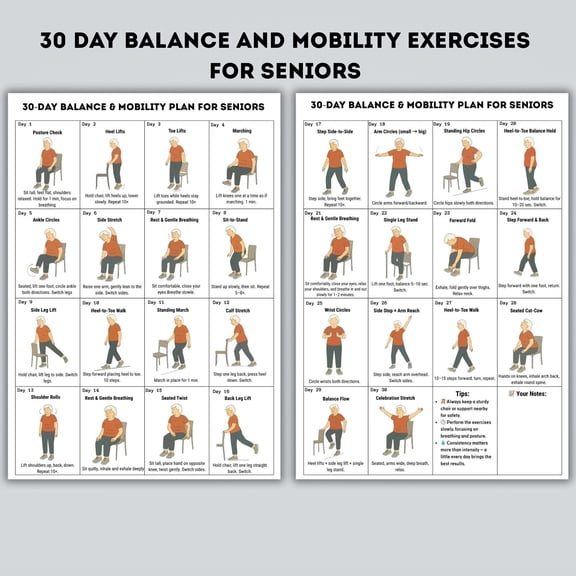2pc 30 Day Balance And Exercise Poster For The Elderly Exercise Plan For The Elderly Fall Prevention Chair Exercise Poster poster