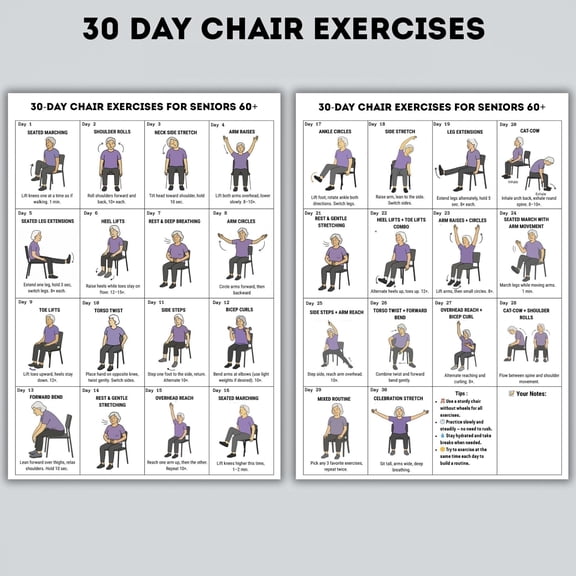 2pc 30 Day Chair Exercise Poster For Elderly People Aged 60 And Above, Balance And Exercise Plan Poster, Exercise Chart Poster For Elderly People poster