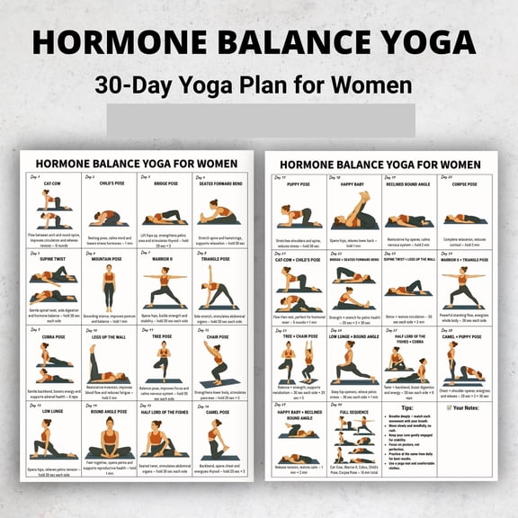2pc 30 Day Female Hormone Balance Yoga Plan Poster, Daily Yoga Challenge Poster, Yoga Pose Chart, Family Exercise Plan, Beginner Yoga Plan Poster