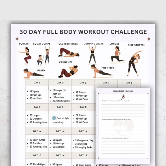 2pc 30 Day Full Body Exercise Challenge Poster Home Fitness Plan Poster With Exercise Illustrations And Tracker Poster poster