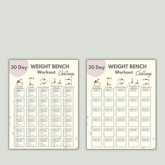 2pc 30 Day Weightlifting Bench Challenge Poster Full Body Exercise Flat Bench Exercise Poster Family Exercise Plan Beach Fitness Poster