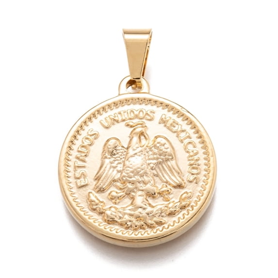 2pc 304 Stainless Steel Coin Pendants Flat Round with Word Estados Unidos Mexicanos 50 Pesos Golden 29x25x4mm Hole: 5x7.5mm