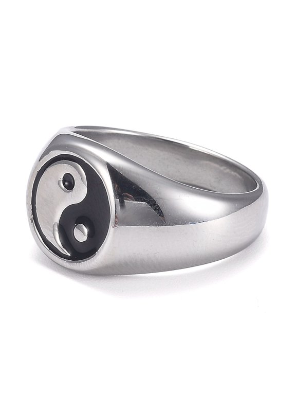 2pc 304 Stainless Steel Finger Rings Yin Yang Ring with Enamel Gossip Stainless Steel Color Size 11 Inner Diameter: 20.8mm