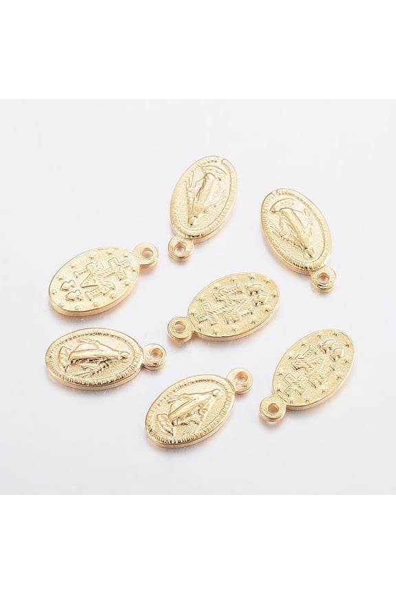 2pc 304 Stainless Steel Miraculous Medal Charms Oval with Golden 12.5x6.5x1.5mm Hole: 0.8mm