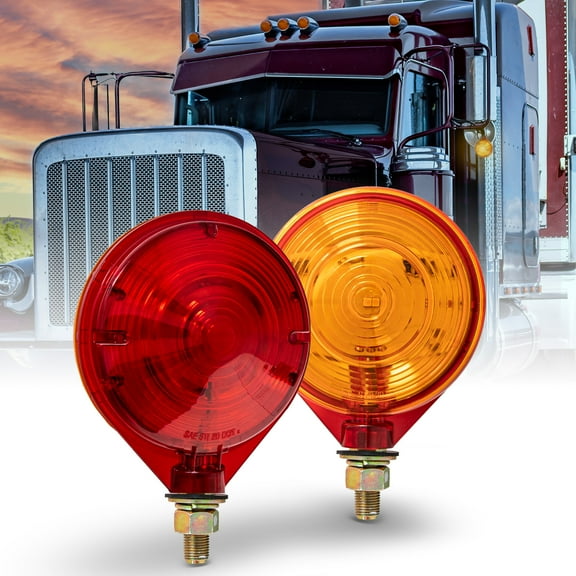 2pc 4" Round LED Pedestal&nbsp;Fender Light Set for Semi-Trucks[DOT Compliant][SAE STIP][Single Stud Mount] Amber/Red PedestalMount Fender Lights for Kenworth International Peterbilt Mac Freightliner