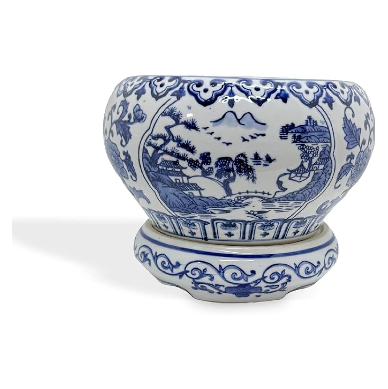 2pc 5" Oriental Blue & White Asian Picturesque Asian Village Scene with  Ornate Floral Sides Pot Belly Shape Jardiniere Fish Bowl Planter Plant Pot  & Matching Pedestal Base Stand - Walmart.com