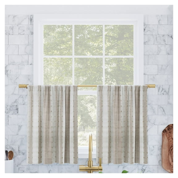 2pc 52"x45" Slub Textured Striped Cotton Cafe Curtain Tier Pair Linen/White: Kitchen Window Tier Curtains
