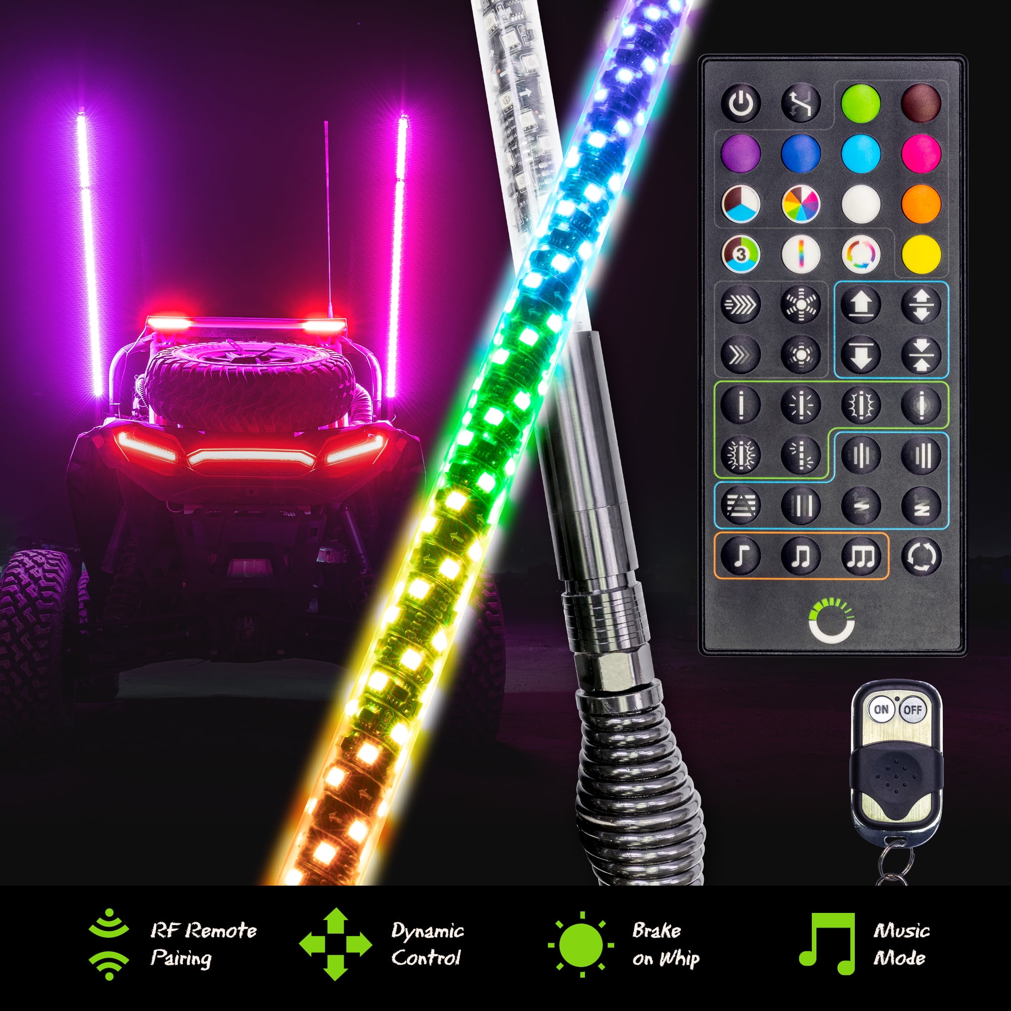 2pc 5ft Spiral LED Whip Lights for UTV ATV [RF Remote Pairin] [Dynamic LED Control] [Brake-On-Whip] [2-Layer PVC] LED Lighted Whips Antenna for RZR Can-Am Polaris UTV ATV Accessories