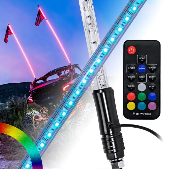 2pc 6ft LED Whip Lights w/ Flag [21 Modes] [20 Colors] [Wireless Remote] [Weatherproof] Lighted Antenna Whips - Accessories for ATV Polaris RZR 4 Wheeler