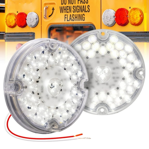 2pc 7" Round 47-LED Reverse Tail Light For School Bus Transit Vehicles Refuse Hauler [DOT FMVSS-108] [SAE (2)R] [Back-up Signal] [9-16V DC] For Trailer Truck - WHITE