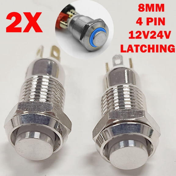 2pc 8mm Small Metal Push Button Switch 4Pin LED Latching/Self Locking Waterproof