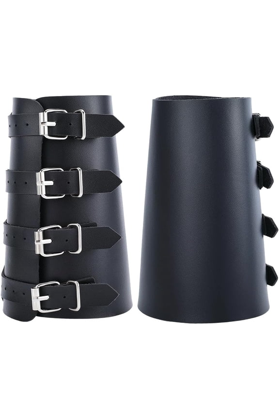 2pc Adjustable PU Leather Cord Bracelets with Alloy Buckles Gauntlet Wristband Cuff Wrist Guard Black 14-1/8x6-1/8x1/4 inch(35.9x15.6x0.8cm)