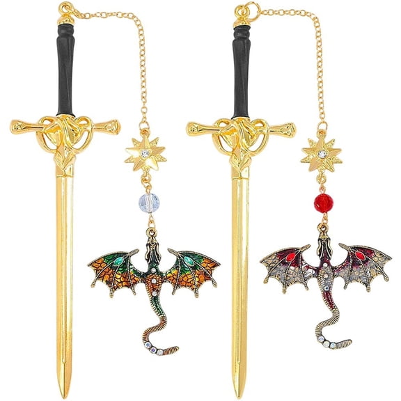 2pc Alloy Sword Dragon Bookmark, Fantasy Stegosaurus Book Pendant Metal Bookmark For Book Lovers And Readers
