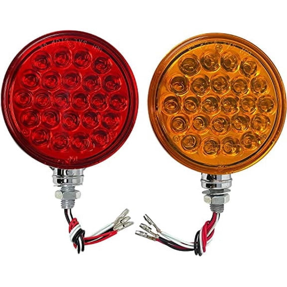 2pc Amber/Red 48 LED Round Double Face Chrome Stud Mount Pedestal Fender Stop Turn Tail Light Truck Trailer Peterbilt Freightliner Kenworth Mack Western Star. Left and Right