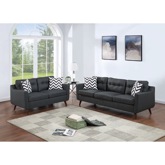 2pc And In Black, Modern Look With Soft Cushions & Legs Black Polyfiber 2pc, Design Elegant Back Square Arms