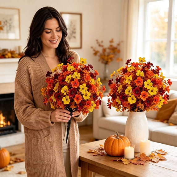 2pc Artificial Fall Plants Flowers for Front Door Porch Patio Yard Balcony Autumn Decor