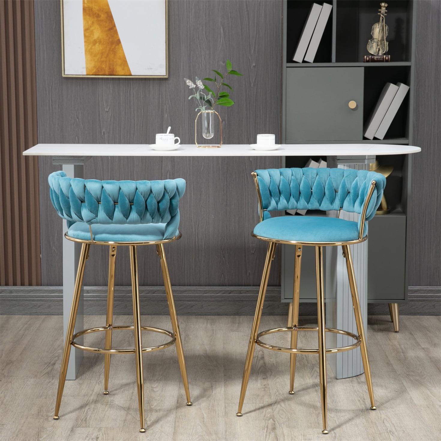 Resenkos Velvet Bar Stools Set of 2 with Footrest, Counter Stools