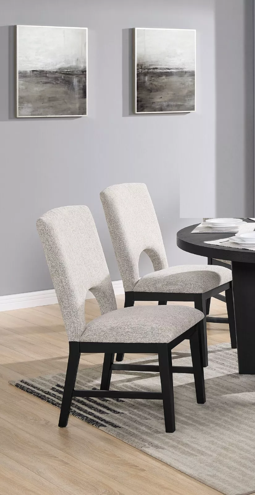 2pc Beautiful Side Chair Gray/Cream Fabric Upholstery Black Finish Furniture