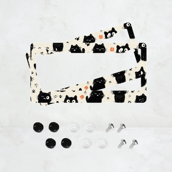 2pc Black Cat Pattern 2-Hole License Plate Frame, Aluminum Material, 6x12 Inches with Screw Set, Retro Novelty Car Decoration Gift, Fits American Standard License Plate Size