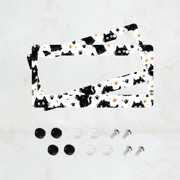 2pc Black and White Cat Pattern 2 Hole License Plate Frame, Aluminum Material, 6x12 Inches, with Screw Set, Cartoon, Fun, Car Decoration, Perfect Gift, Fits US Standard License Plate Size