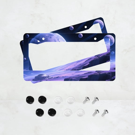 2pc Blue Purple Space Planet Pattern 2 Hole License Plate Frame, Aluminium Material, 6x12 Inches, with Screw Set, Retro Novelty Car Decoration Gift, Fits American Standard License Plate Size