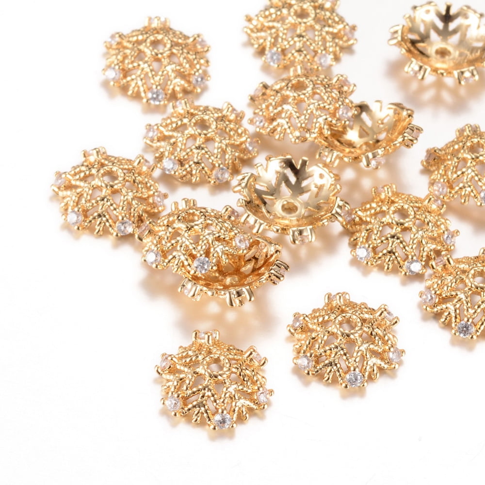 2pc Brass Bead Caps with Rhinestone Flower Light Gold Crystal 12.5x3mm Hole: 1mm